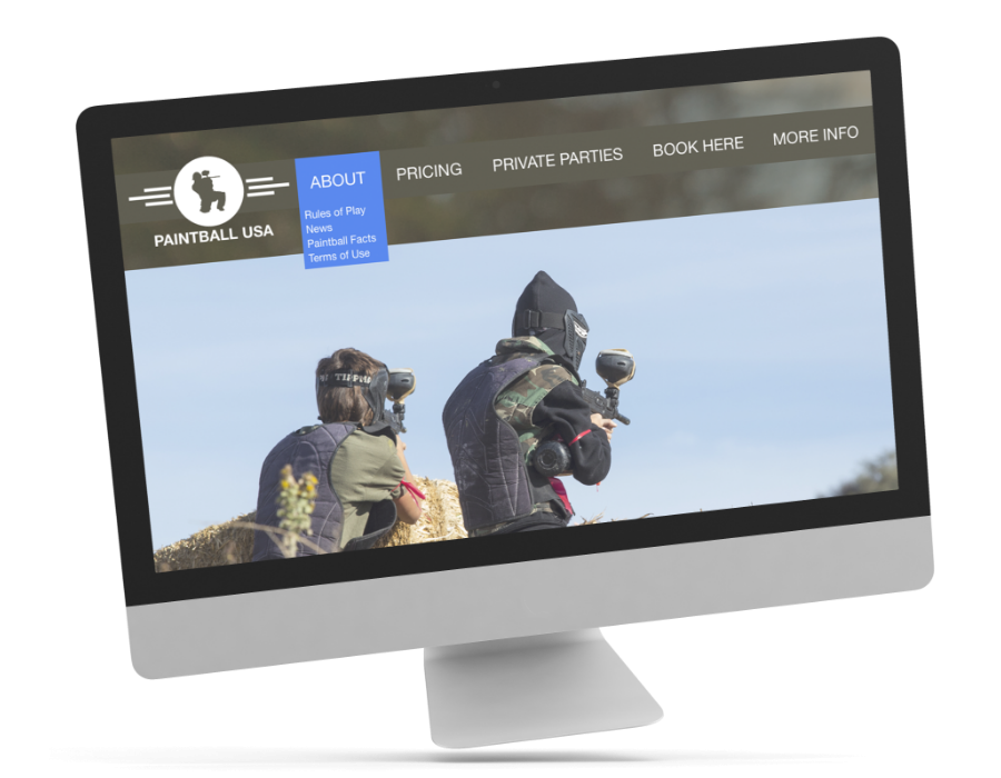 Paintball USA's first fold of their homepage.