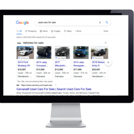 a google search page with results and shop listings for "used cars for sale"